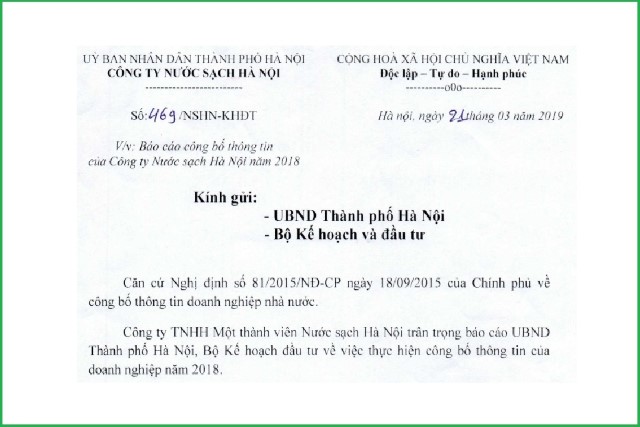 Báo cáo công bố thông tin của Công ty Nước sạch Hà Nội năm 2018