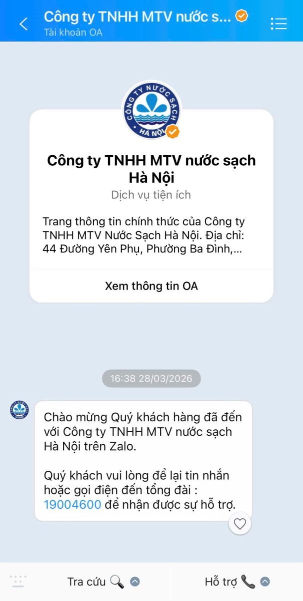 Zalo OA chính thức của Công ty Nước sạch Hà Nội tiếp nhận và phản hồi ý kiến khách hàng